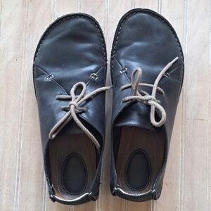 Clarks Janey Mae Blk Leather Oxford Flats  Gum Sole Lace Up Comfort Lightweight